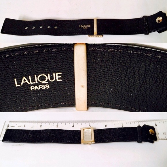 Lalique Frosted Glass Slide Black Leather Bracelet - Picture 6 of 8